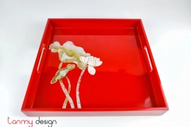 Red square lacquer tray hand-painted with lotus 32 cm